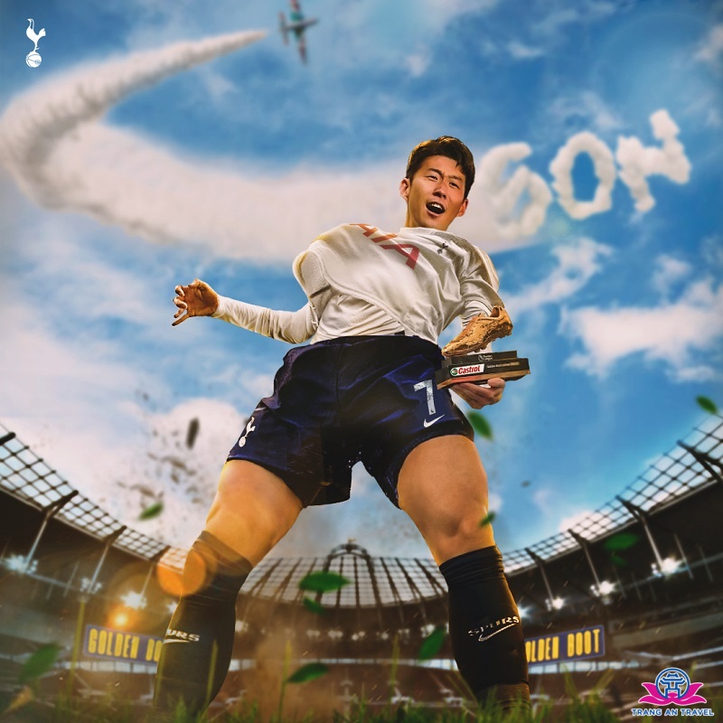 Cầu thủ Son Heung Min cùng "Chiếc giày vàng" danh giá. Ảnh: Tottenham Hotspur