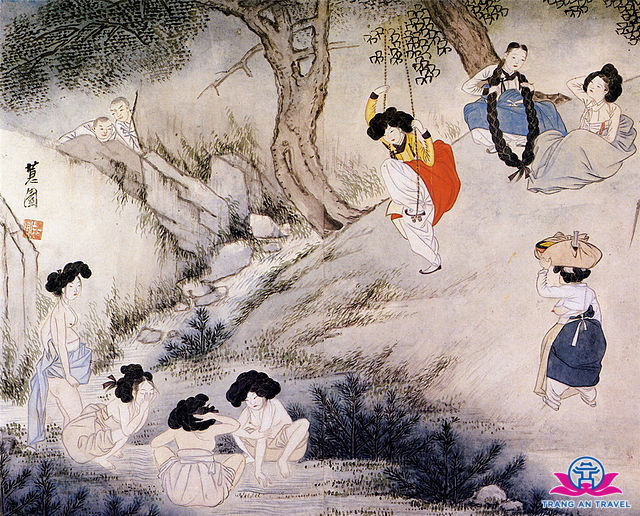 Tranh cổ khắc họa các hoạt động của phụ nữ Hàn Quốc đón Tết Đoan Ngọ.