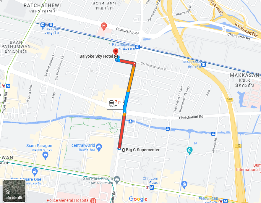 Hướng di chuyển đến tham quan Baiyoke Sky từ BigC Bangkok - Ảnh: Google Maps.