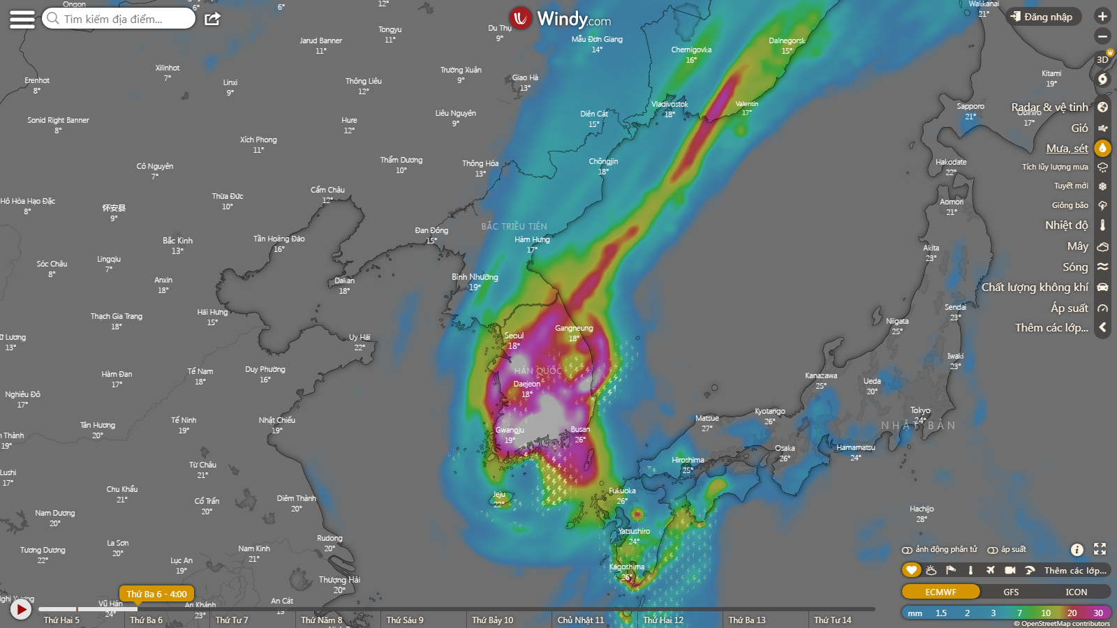 Bản đồ dự báo mưa do siêu bão Hinnamnor. Tuy nhiên, may mắn, mưa sẽ dứt nhanh sau khi bão quét qua Hàn Quốc vào ngày 6/9 - Ảnh: Windy