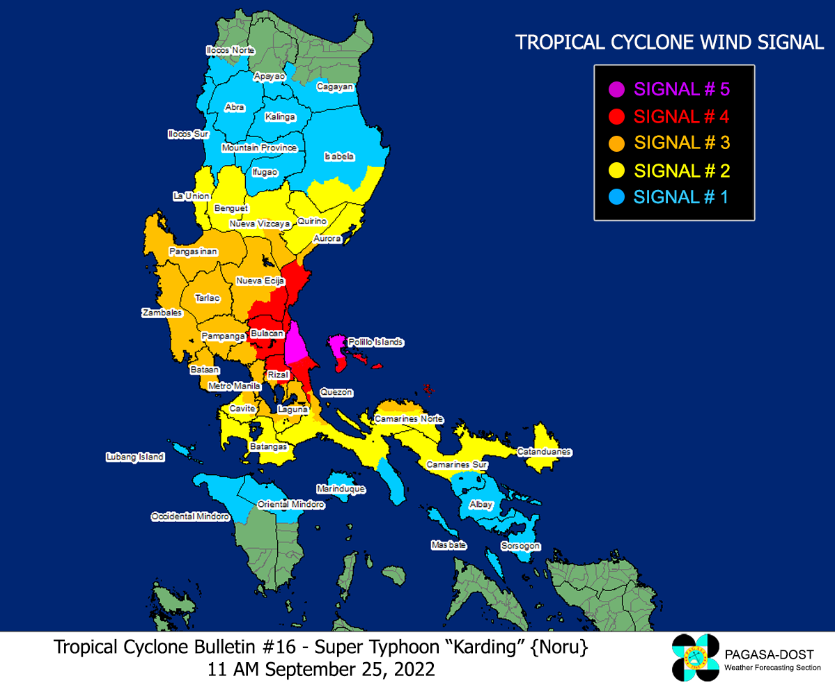 Cục quản lý Thiên văn, Địa vật lý và Khí quyển Philippines (PAGASA) đã ban hành cảnh báo gió mạnh cấp 4, trên thang 5 với đảo Polillo. Đây là nơi nhận định hứng chịu sức mạnh tồi tệ nhất của siêu bão Noru trước khi đổ bộ đảo Luzon.